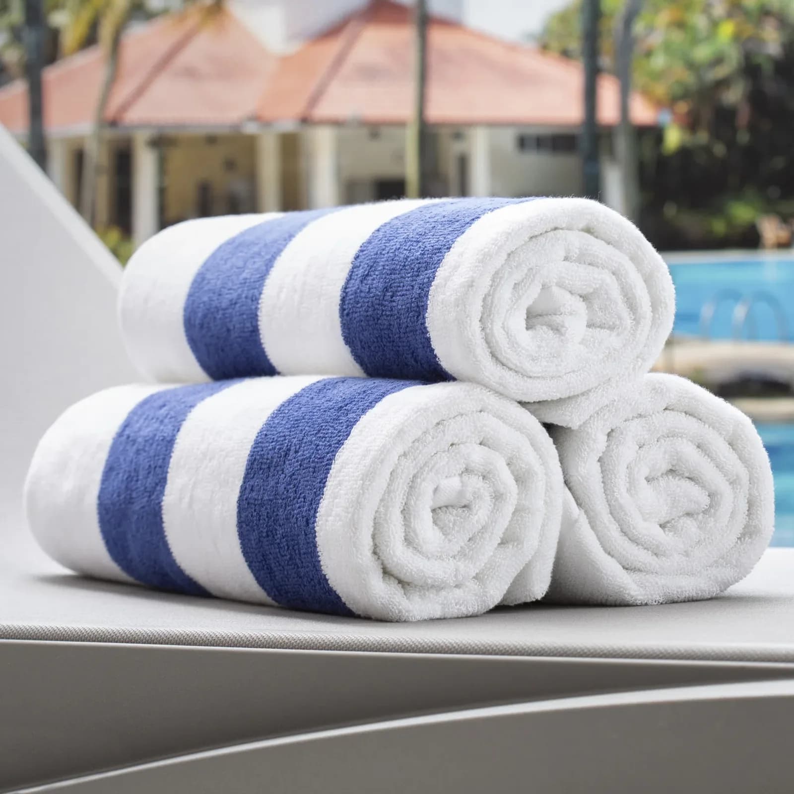 Rolled striped hospitality pool towels
