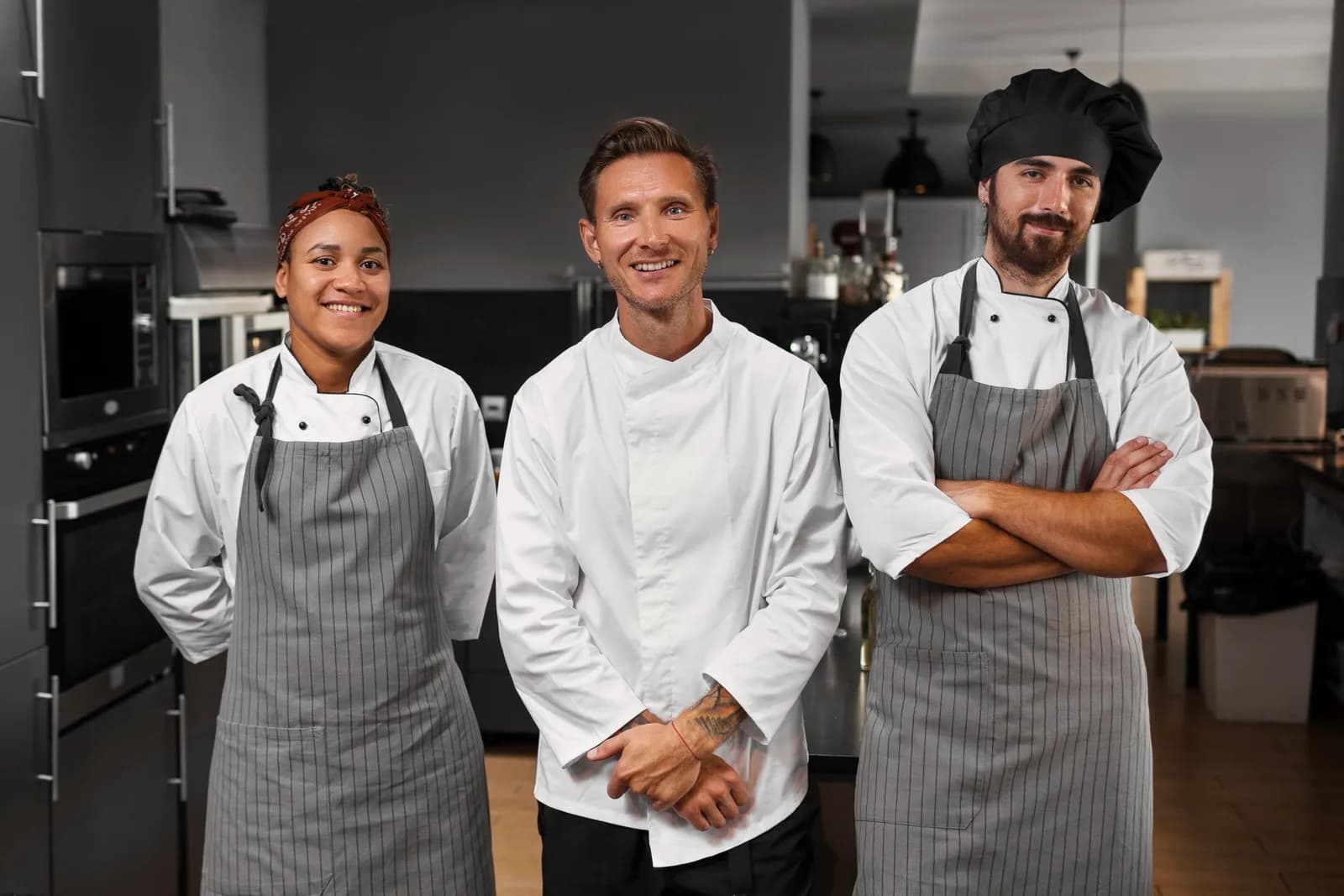 Hospitality kitchen team wearing chef uniforms and aprons